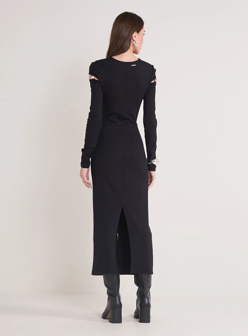 Vestido Midi Manga Longa Com Aberturas Preto