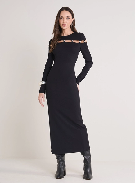 Vestido Midi Manga Longa Com Aberturas