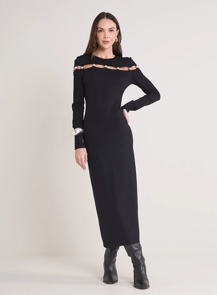 Vestido Midi Manga Longa Com Aberturas