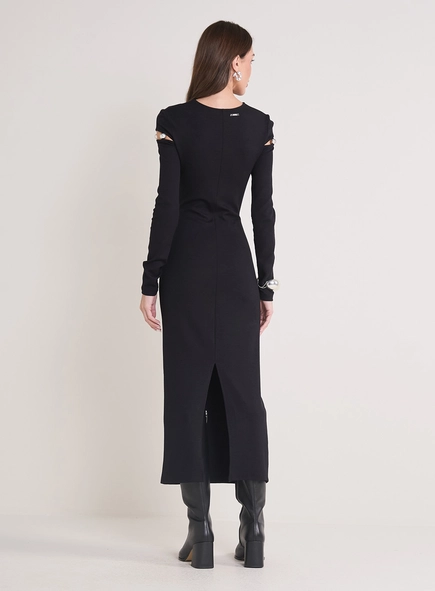 Vestido Midi Manga Longa Com Aberturas