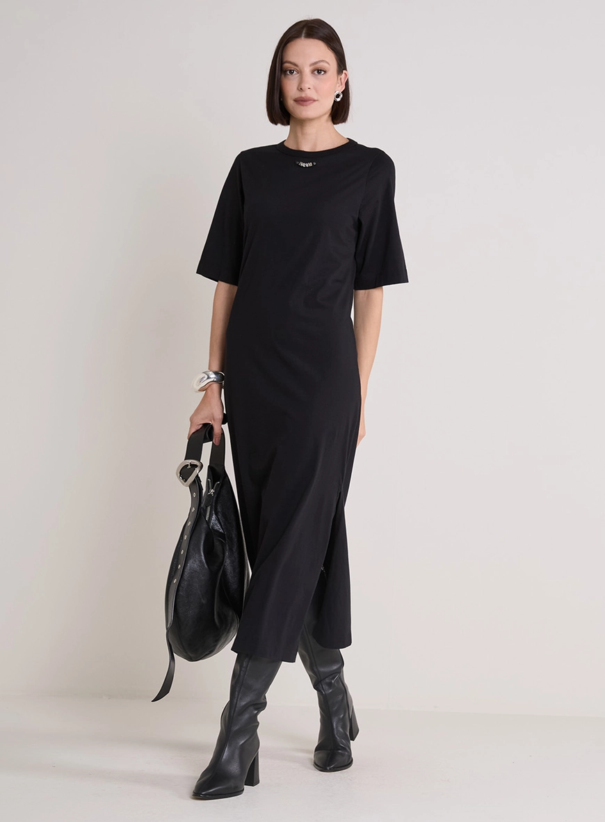 Vestido Midi Com Fenda Preto