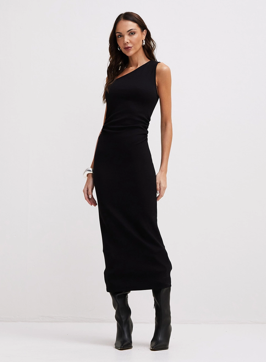 Vestido Midi Justo De Um Ombro Só Preto