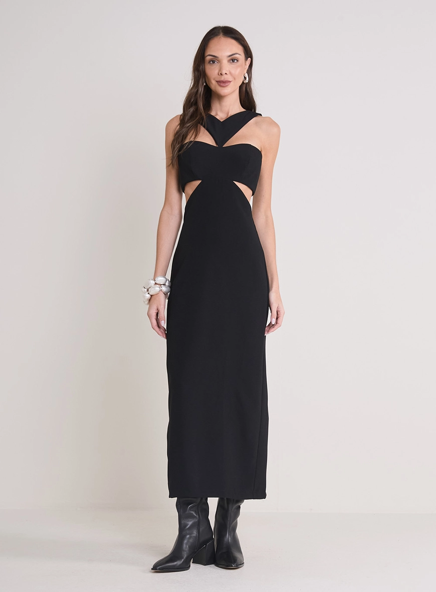 Vestido Midi Com Detalhes Preto