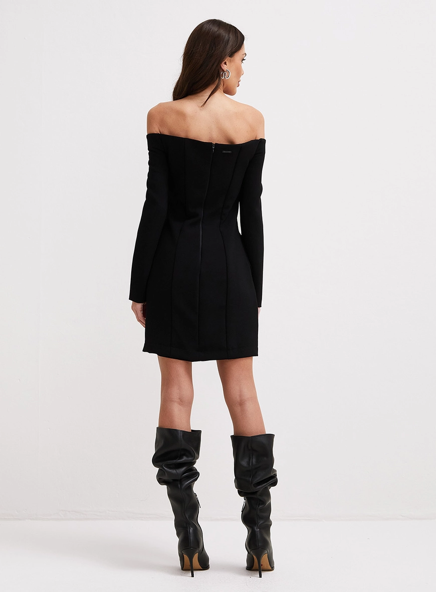 Vestido Curto De Ombro A Ombro Manga Longa Preto