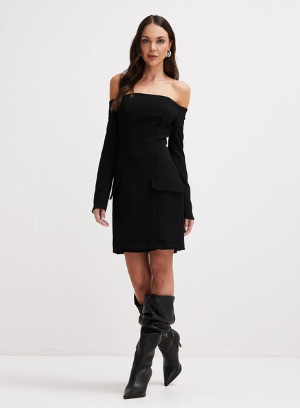 Vestido Curto De Ombro A Ombro Manga Longa