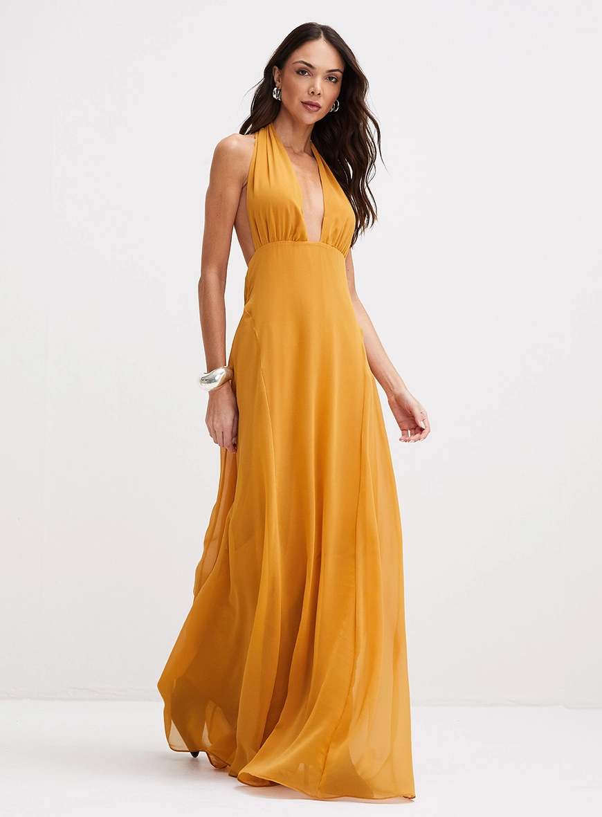 Vestido Longo Frente Única Com Amarração Amarelo