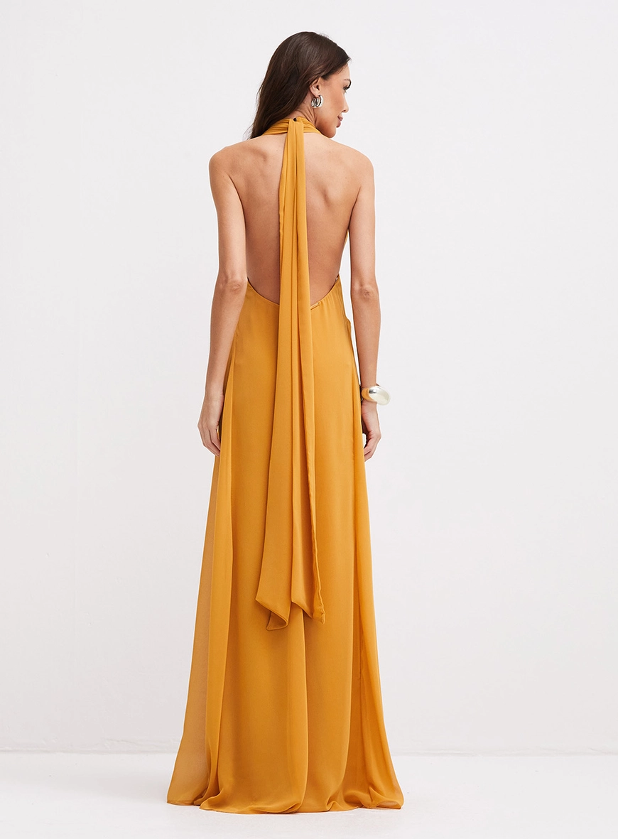 Vestido Longo Frente Única Com Amarração Amarelo