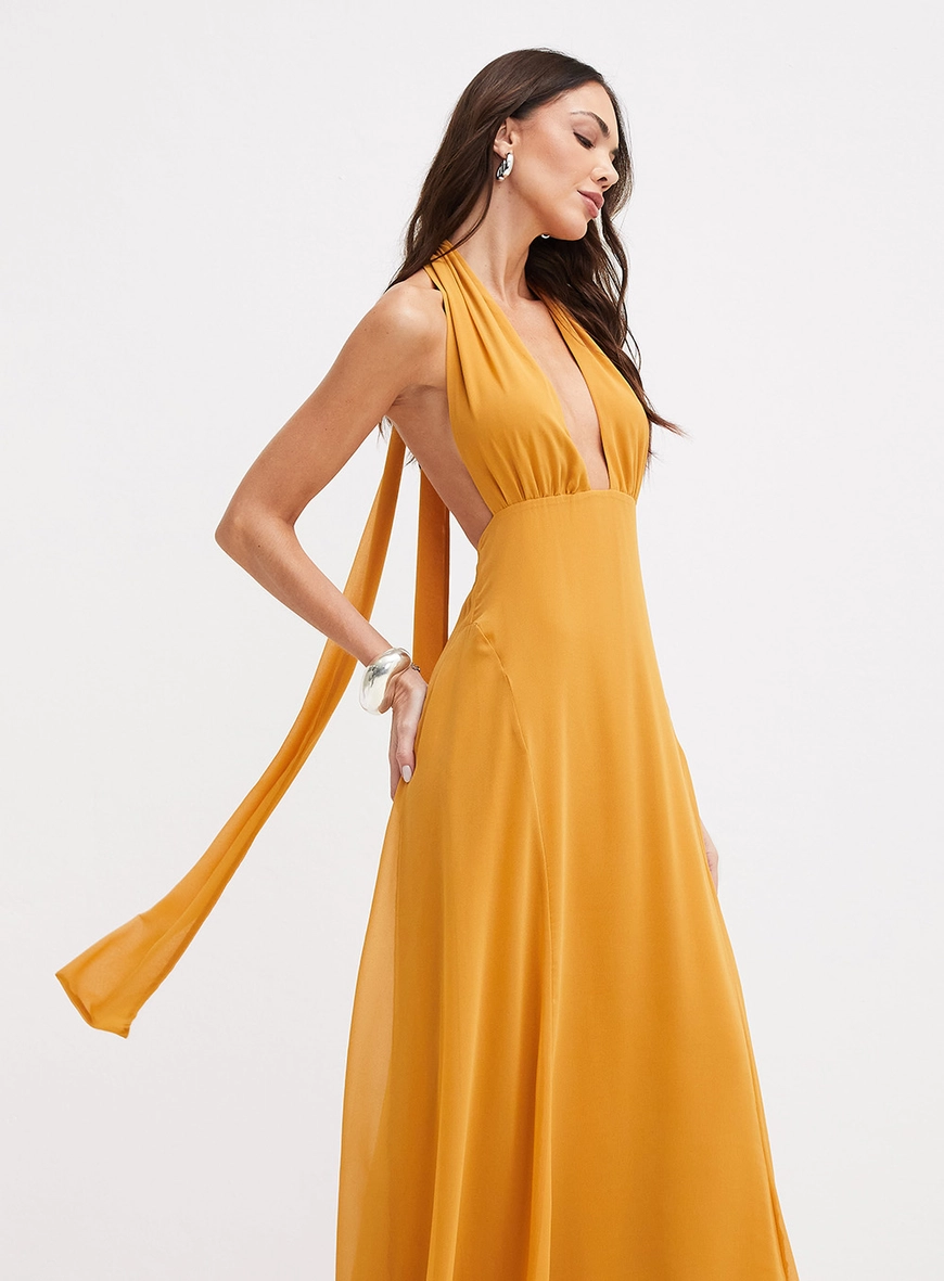 Vestido Longo Frente Única Com Amarração Amarelo