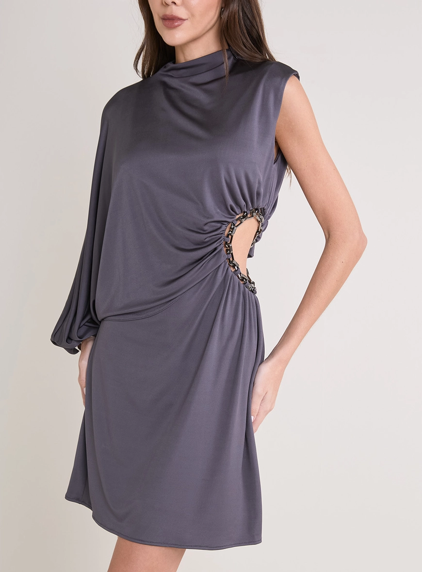 Vestido Curto Acetinado Uma Manga Só CINZA