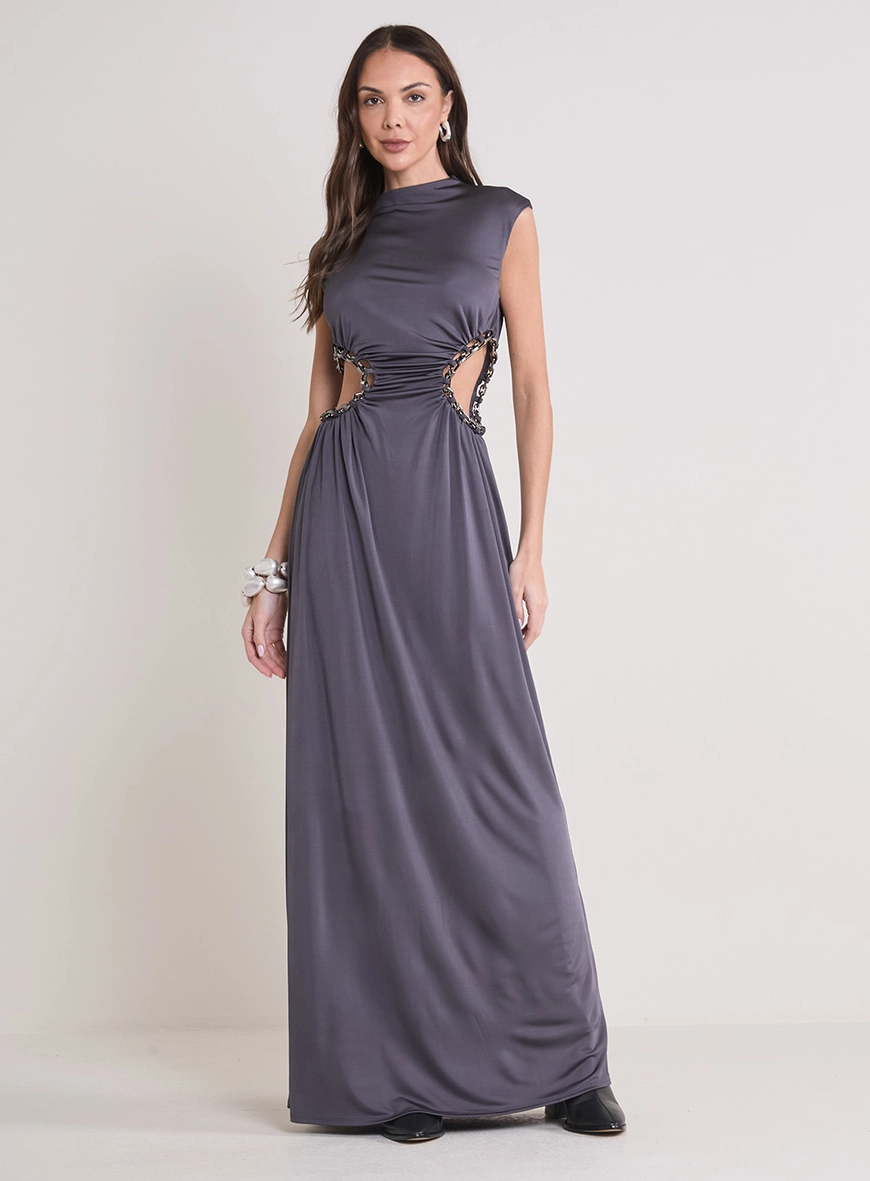 Vestido Longo Acetinado Com Detalhe CINZA