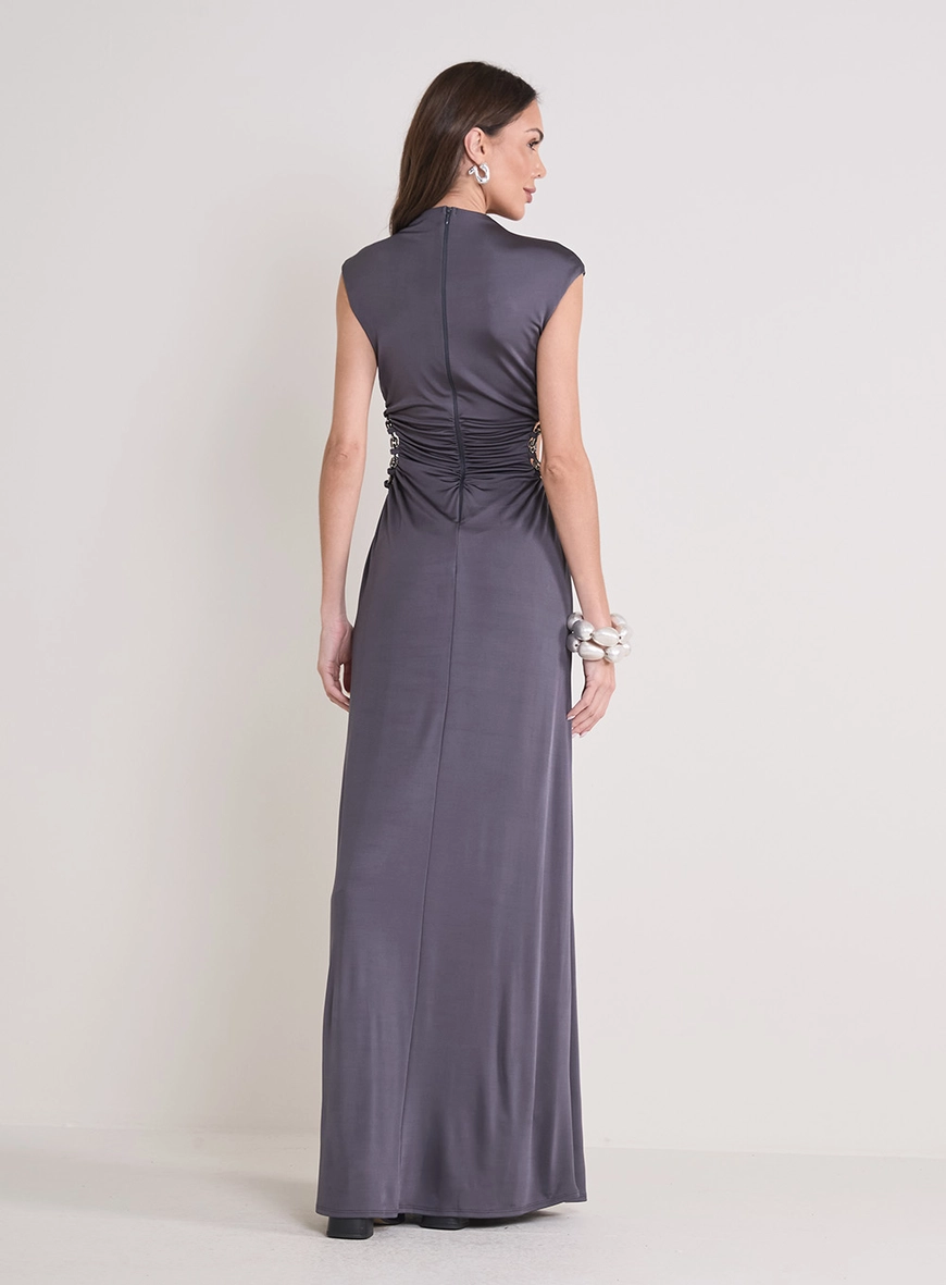 Vestido Longo Acetinado Com Detalhe CINZA