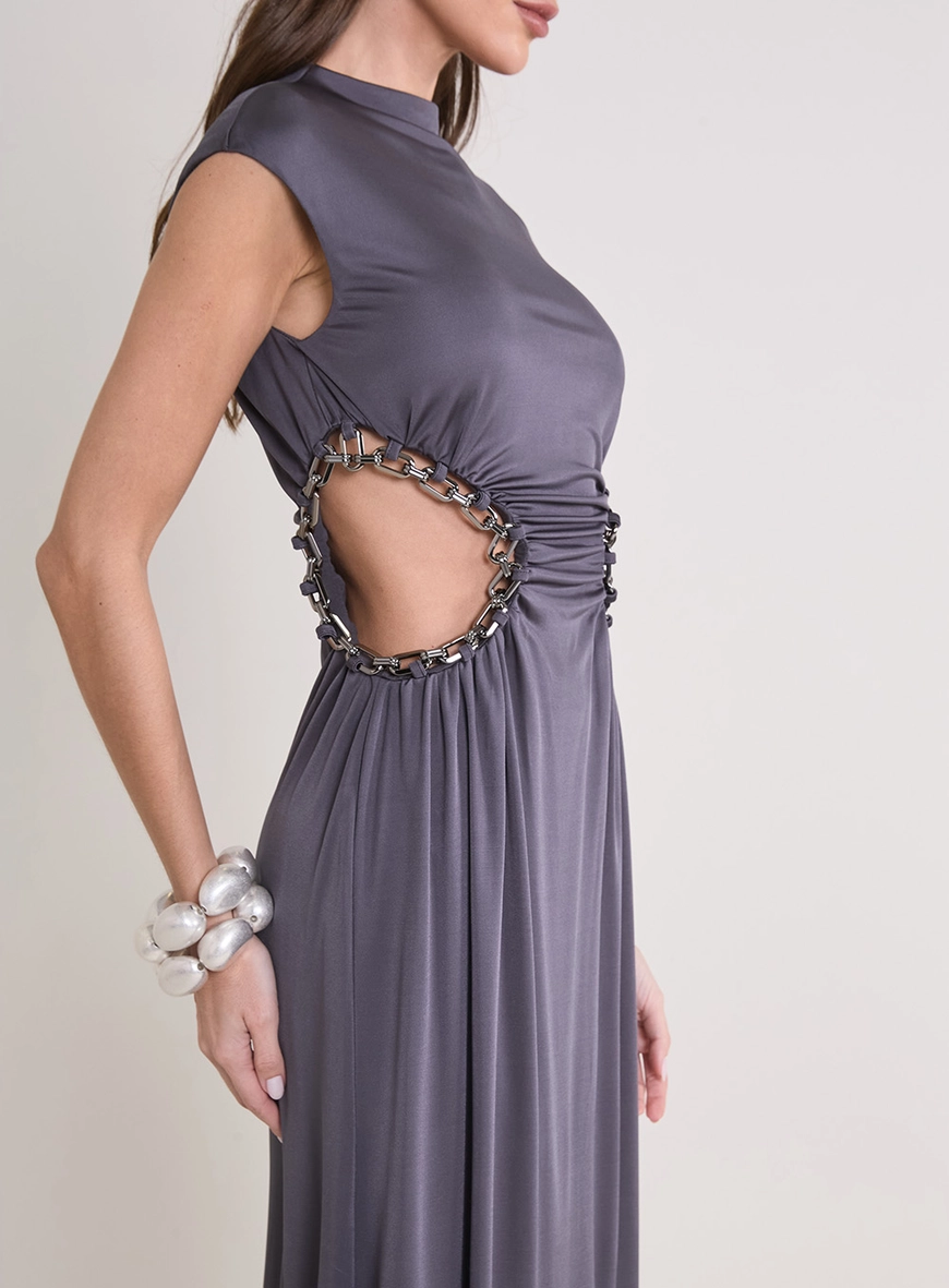 Vestido Longo Acetinado Com Detalhe CINZA