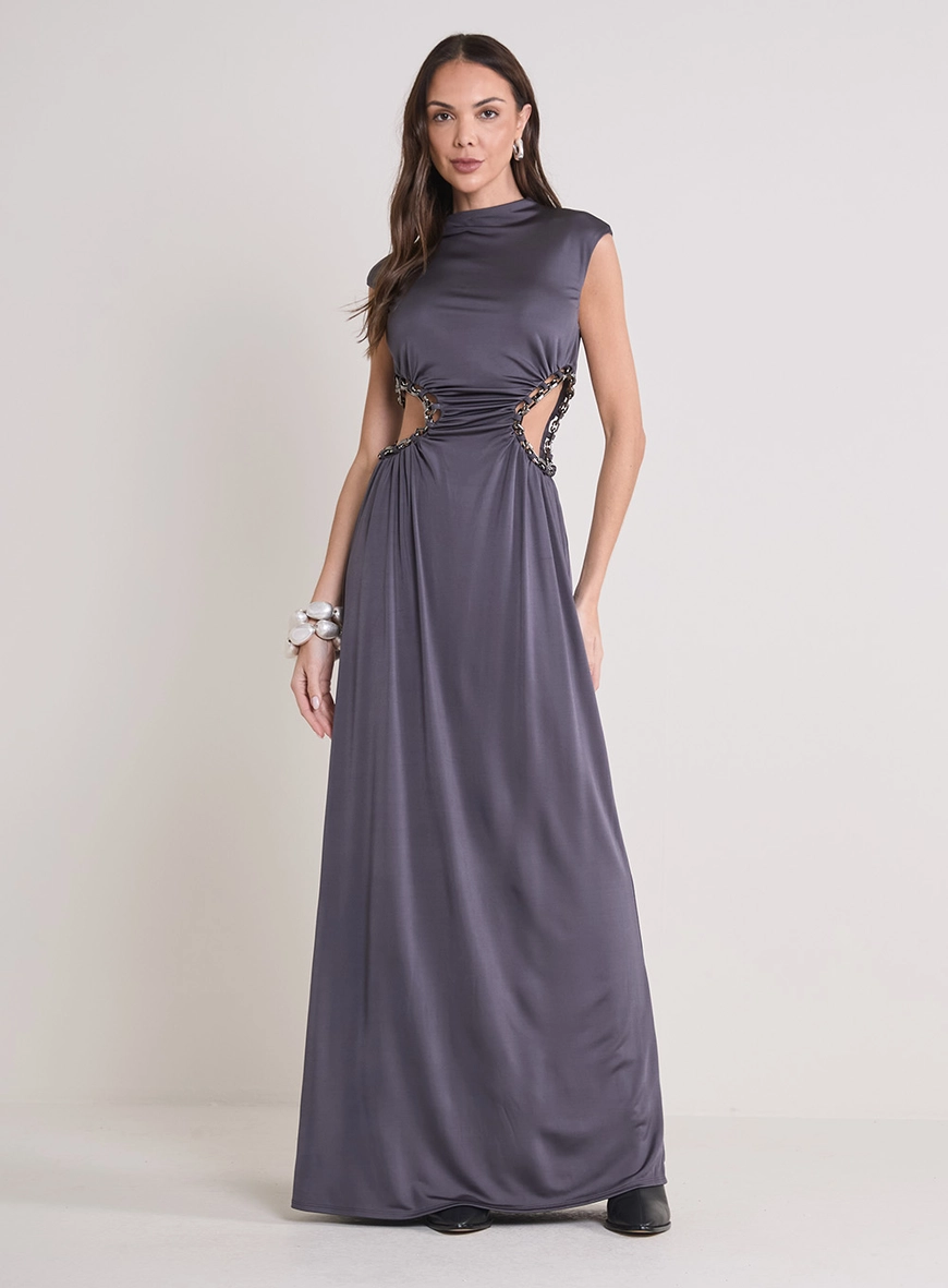 Vestido Longo Acetinado Com Detalhe CINZA