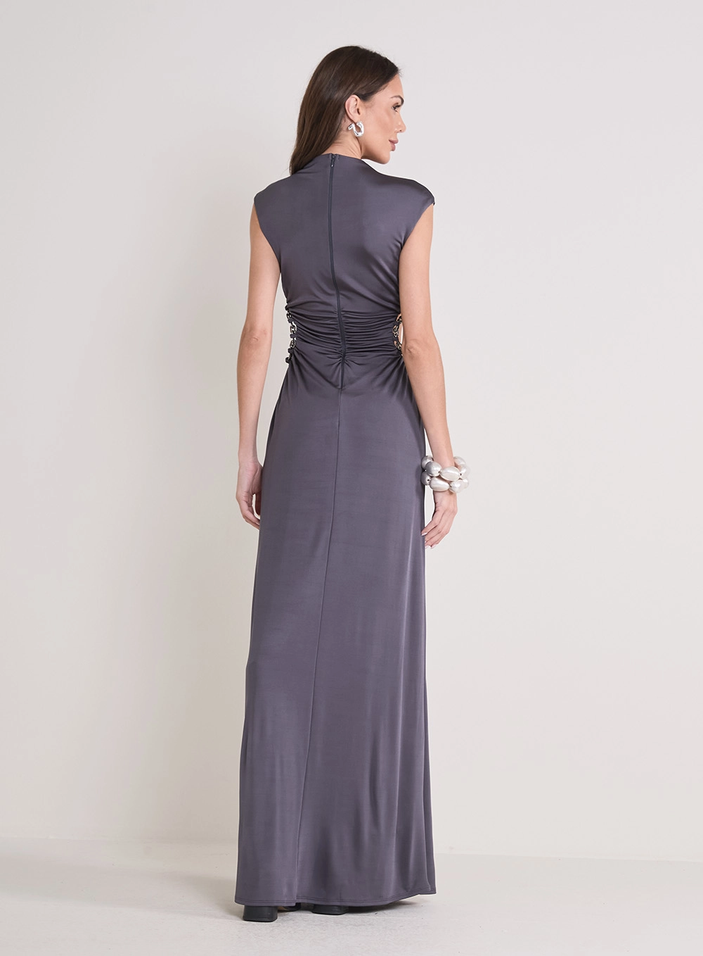 Vestido Longo Acetinado Com Detalhe CINZA 2