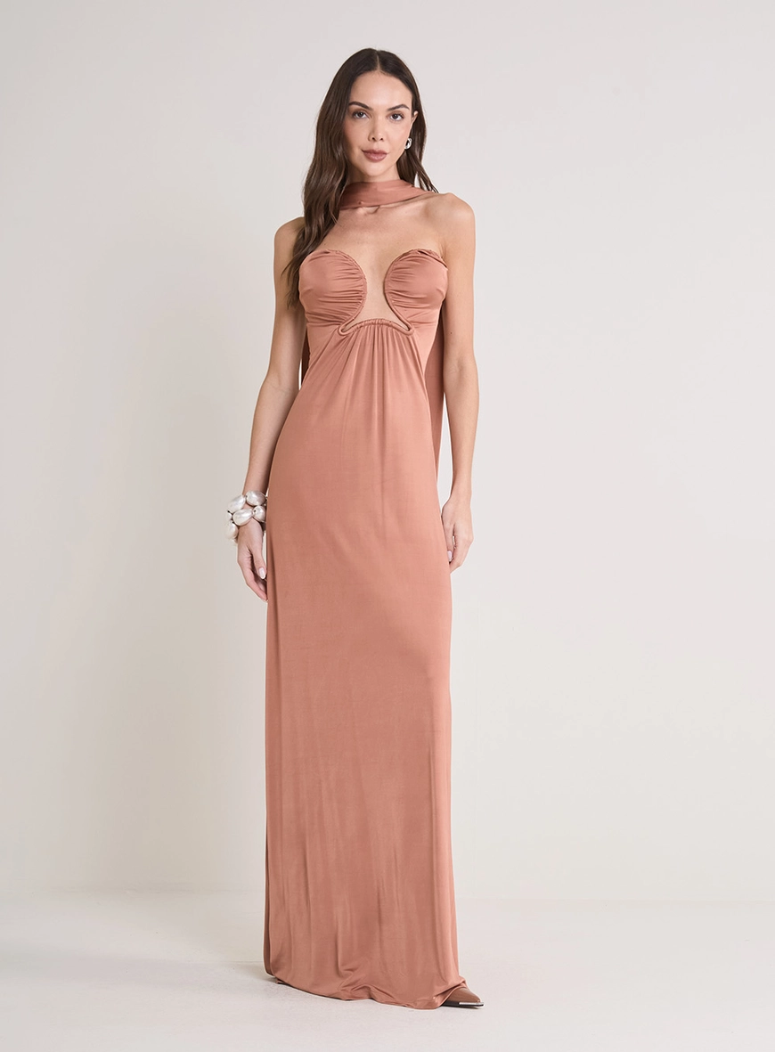 Vestido Longo Tomara Que Caia Detalhes Vazados Marrom