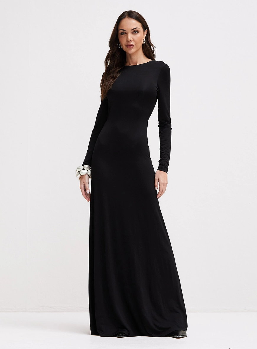 Vestido Longo De Manga Longa Com Costas Nuas Preto