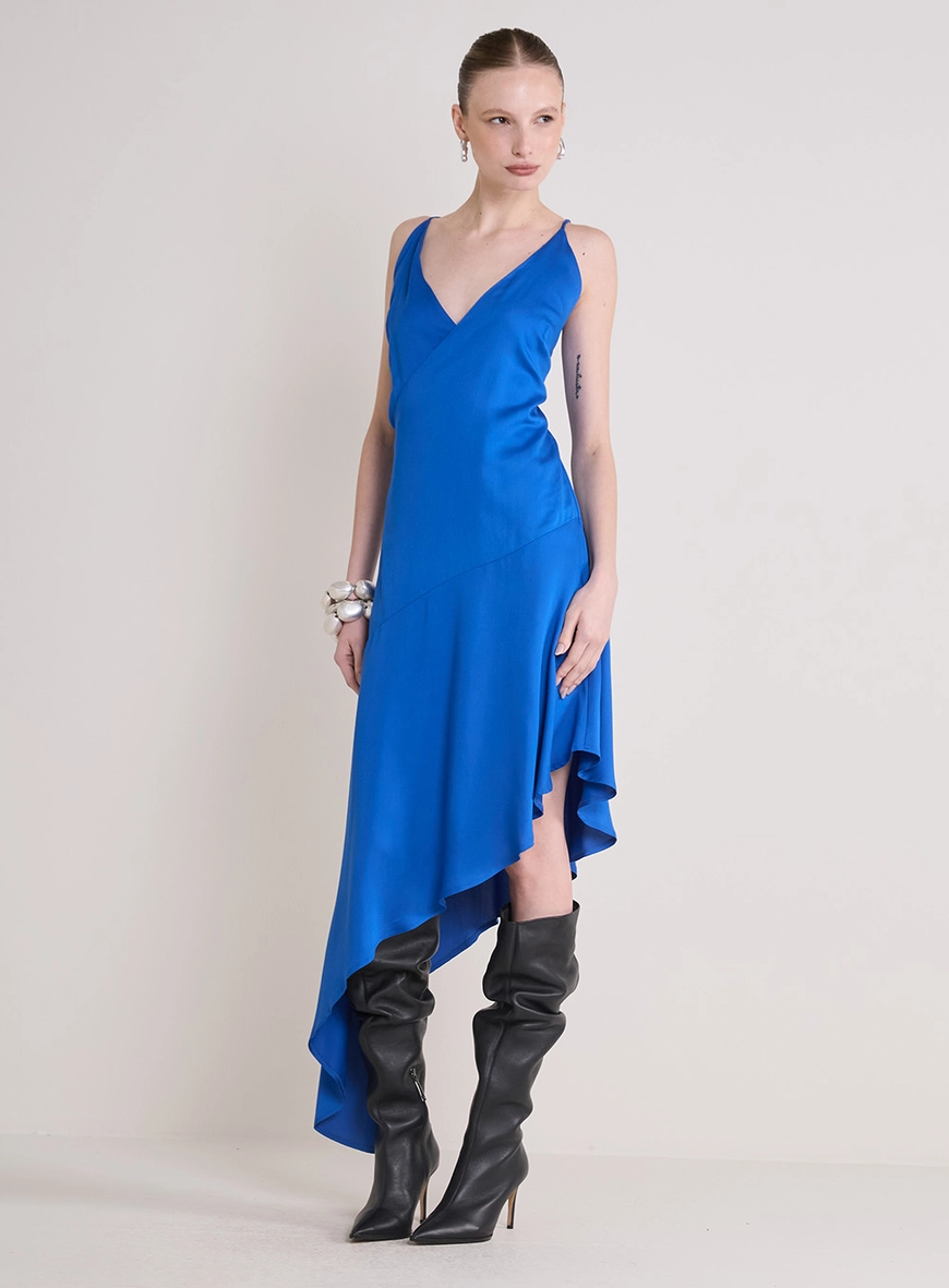Vestido Midi Assimétrico Decote Transpassado Azul