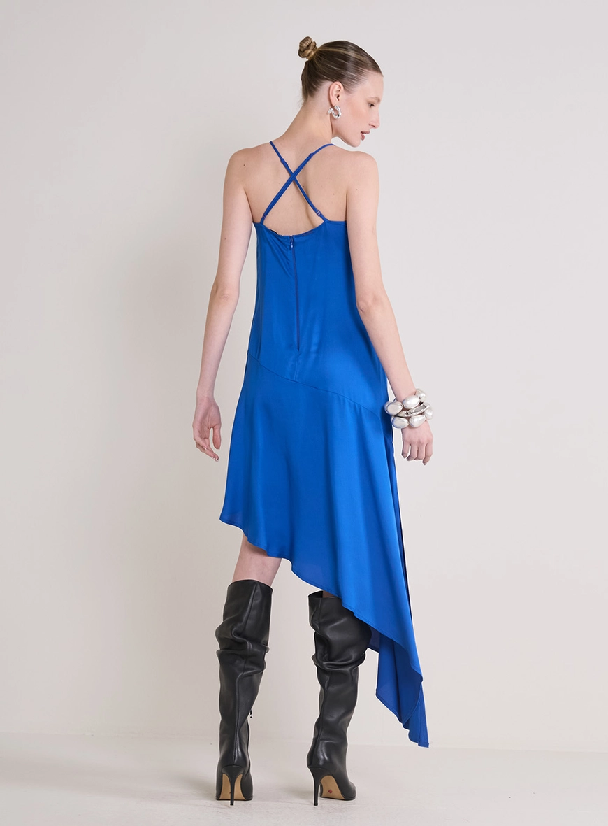 Vestido Midi Assimétrico Decote Transpassado Azul