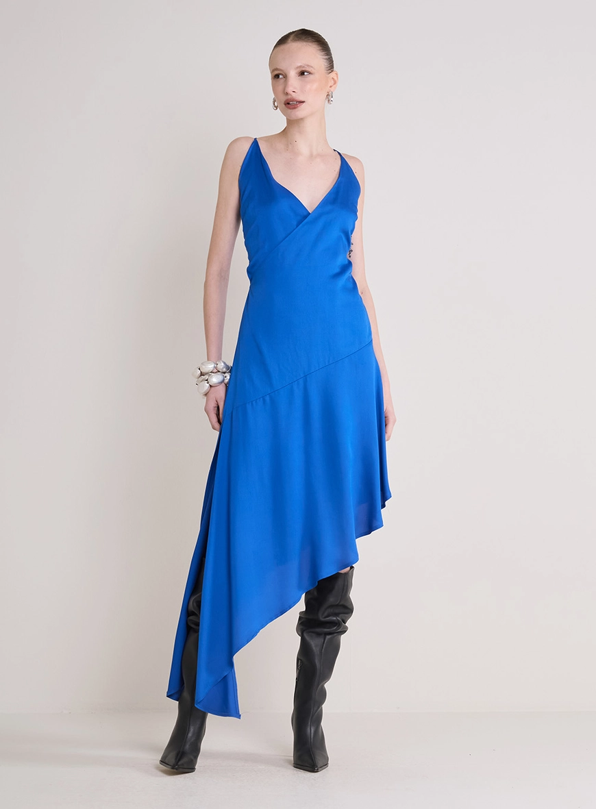 Vestido Midi Assimétrico Decote Transpassado Azul