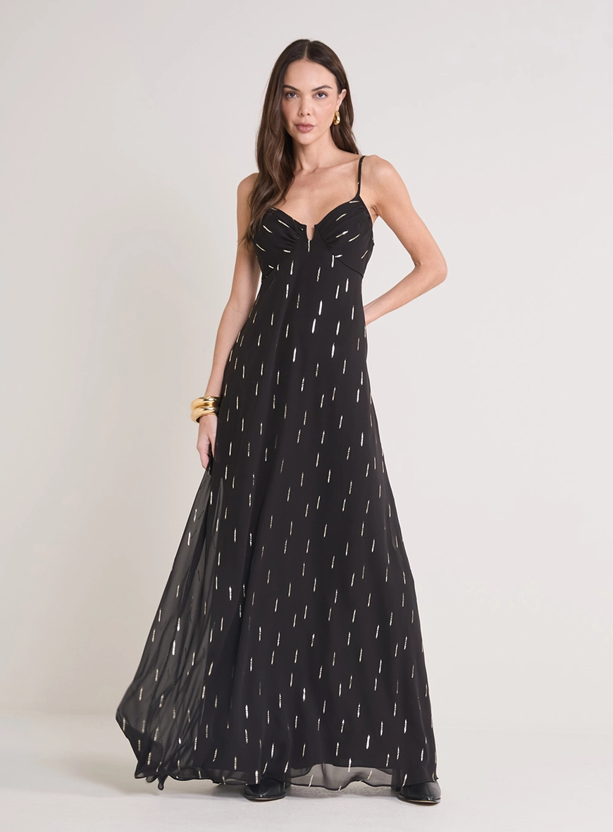 Vestido Longo Transparência Brilho Preto