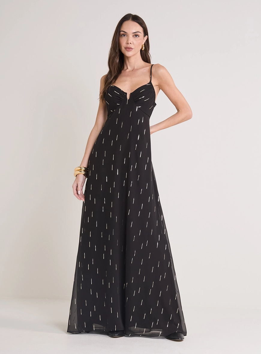 Vestido Longo Transparência Brilho Preto