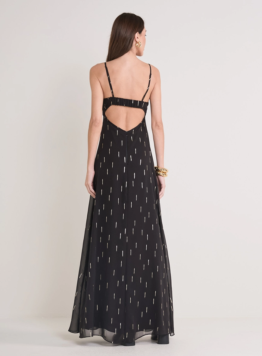 Vestido Longo Transparência Brilho Preto