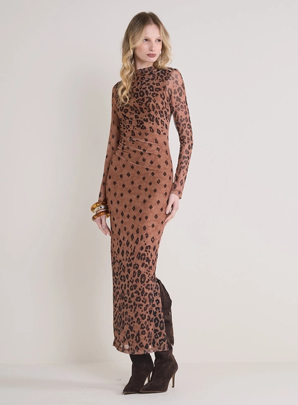 Vestido Tule Longo Justo Animal Print Geo