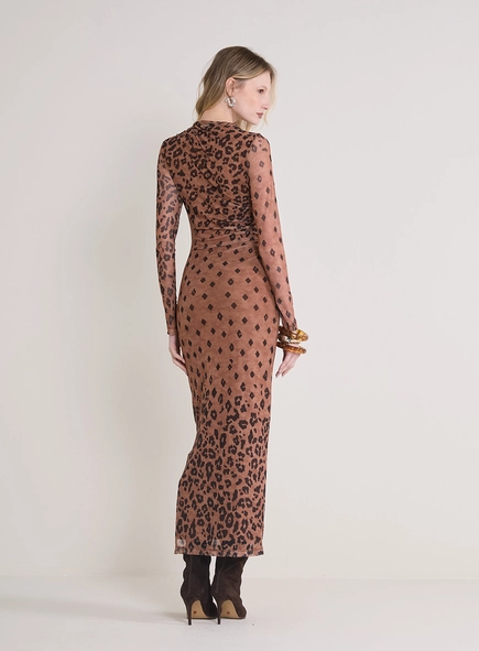 Vestido Tule Longo Justo Animal Print Geo
