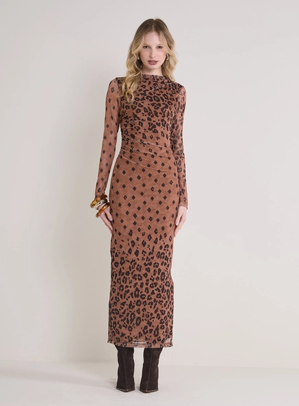 Vestido Tule Longo Justo Animal Print Geo