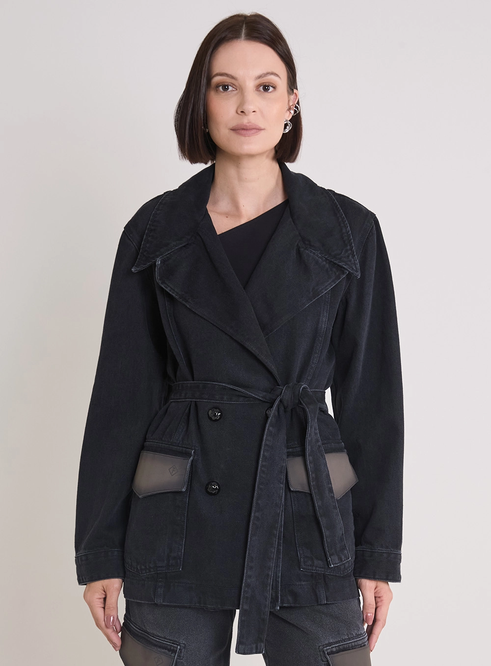 Casaco Jeans Feminino Com Amarração Indigo Preto 1
