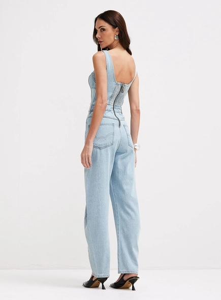 Macacão Jeans Com Calça Barrel