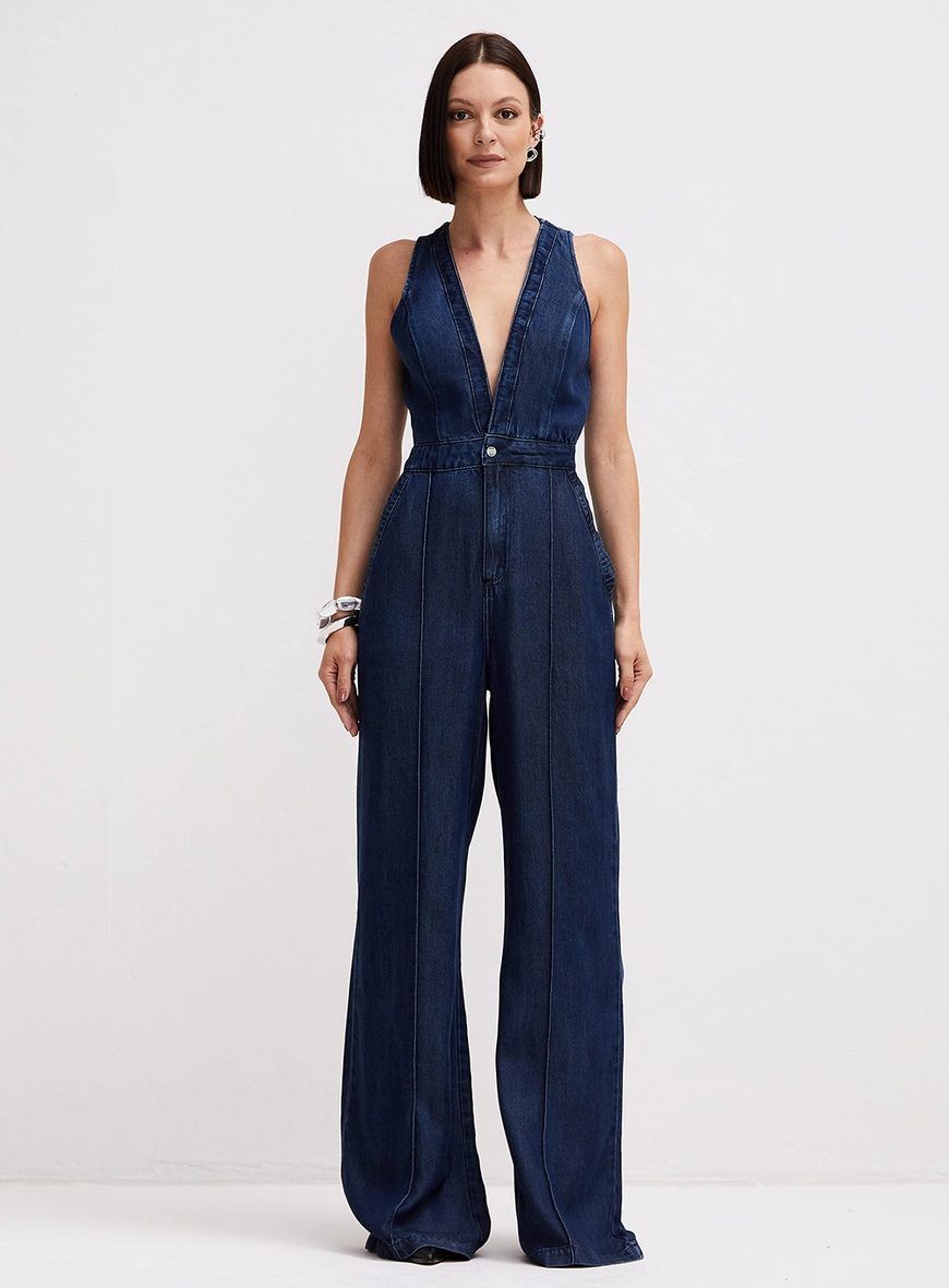 Macacão Jeans Com Decote V Profundo Índigo
