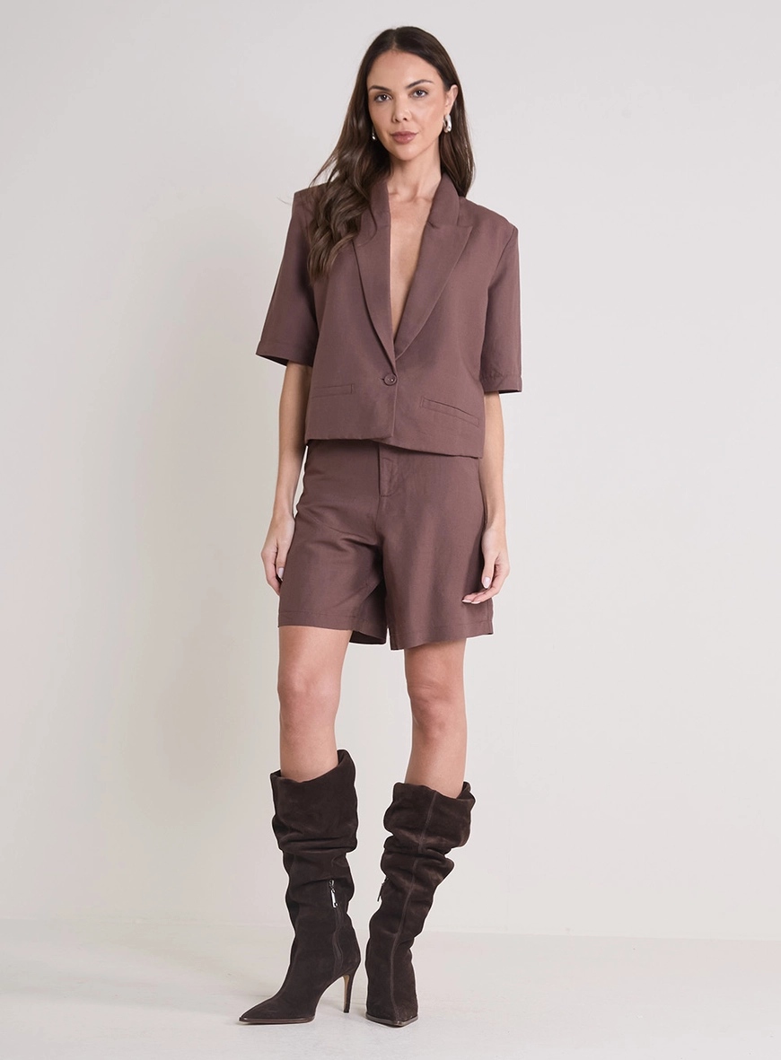 Blazer Feminino De Alfaiataria Cropped Marrom