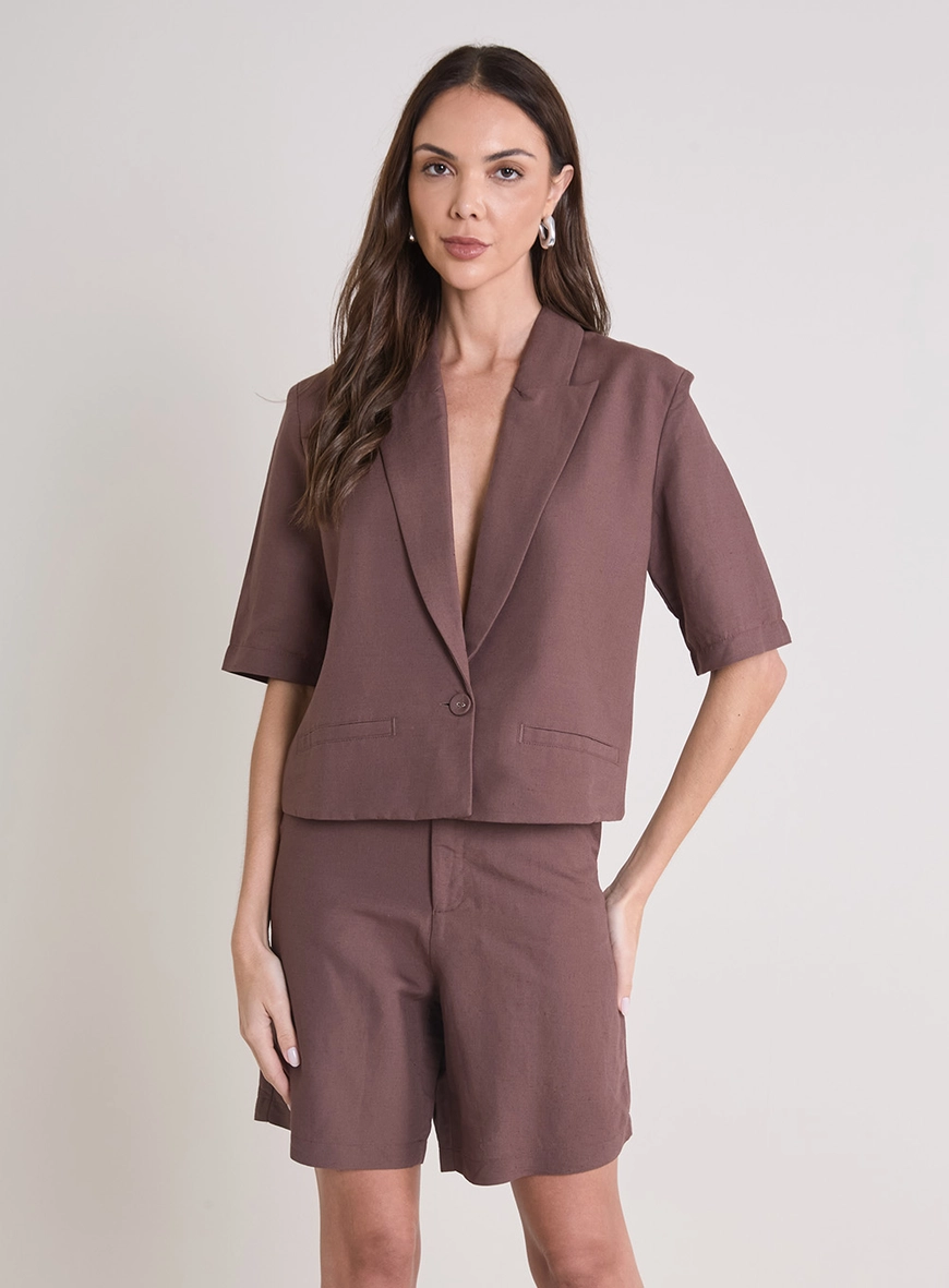 Blazer Feminino De Alfaiataria Cropped Marrom