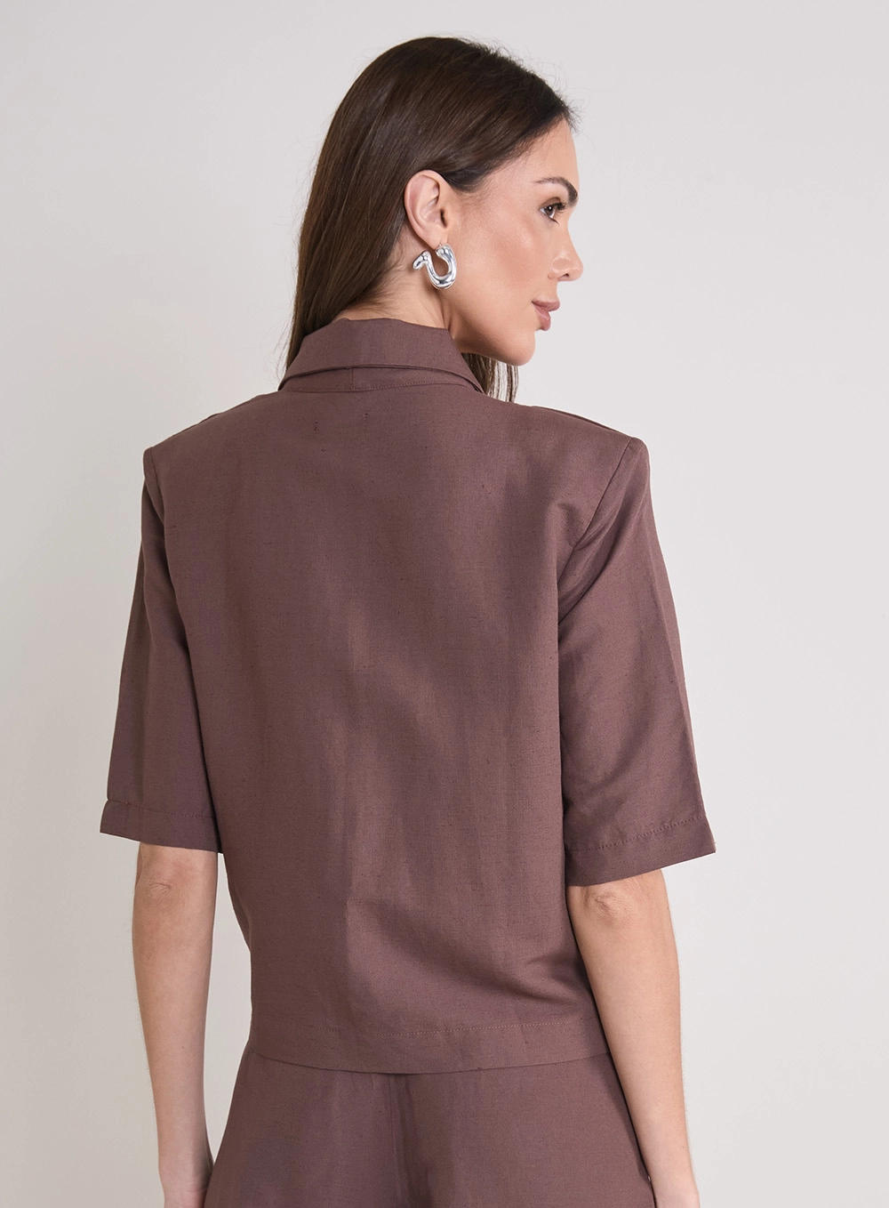 Blazer Feminino De Alfaiataria Cropped Marrom 2