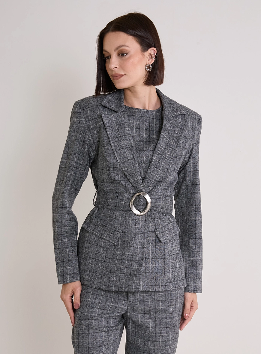 Blazer Feminino Acinturado Xadrez Cinza