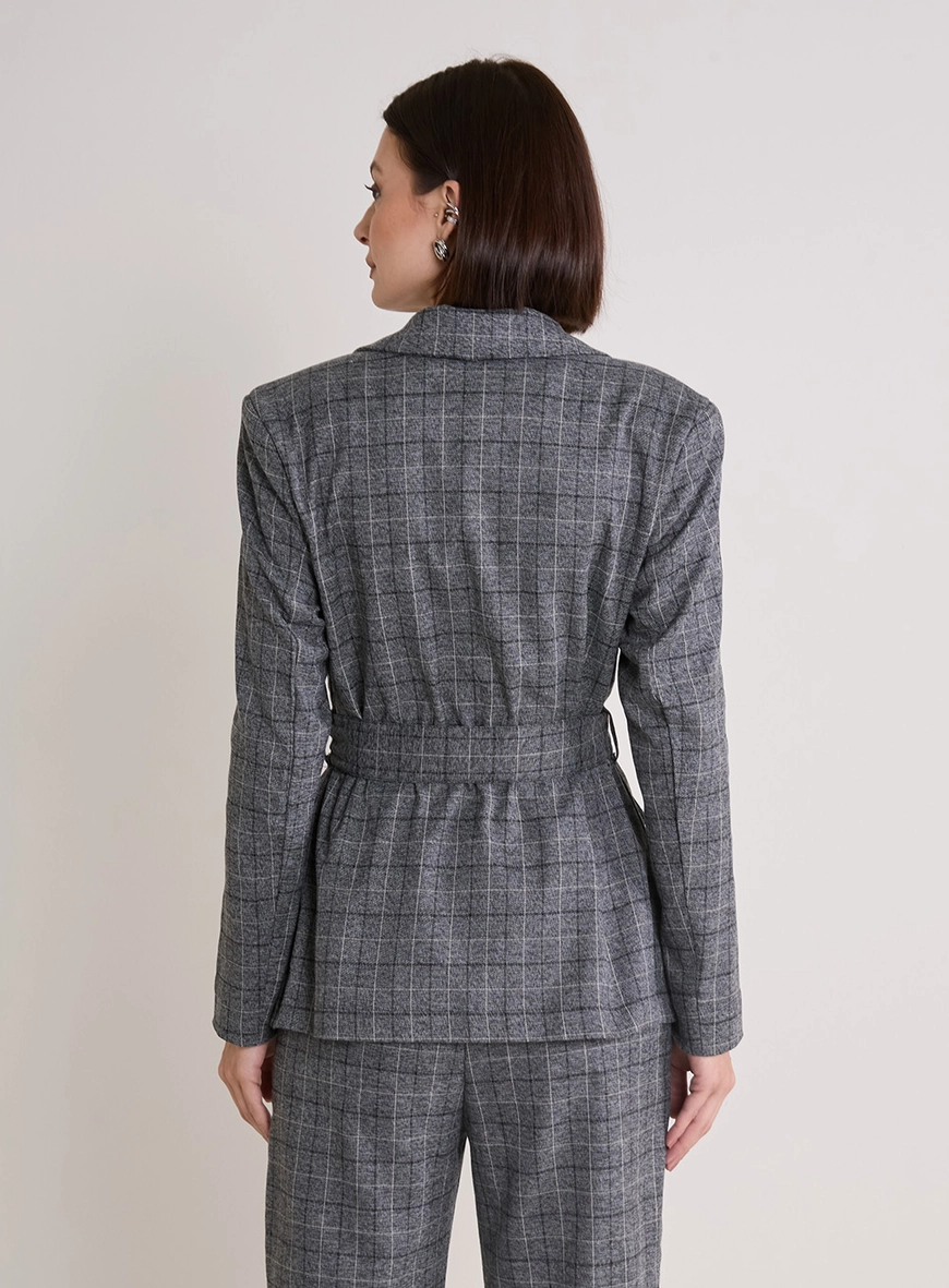 Blazer Feminino Acinturado Xadrez Cinza