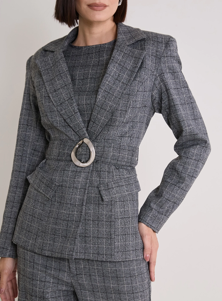 Blazer Feminino Acinturado Xadrez Cinza