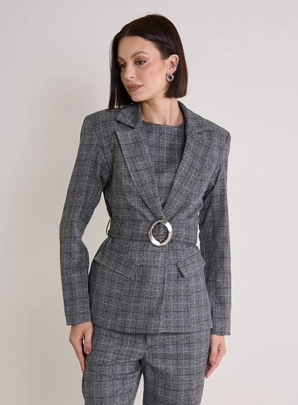 Blazer Feminino Acinturado Xadrez