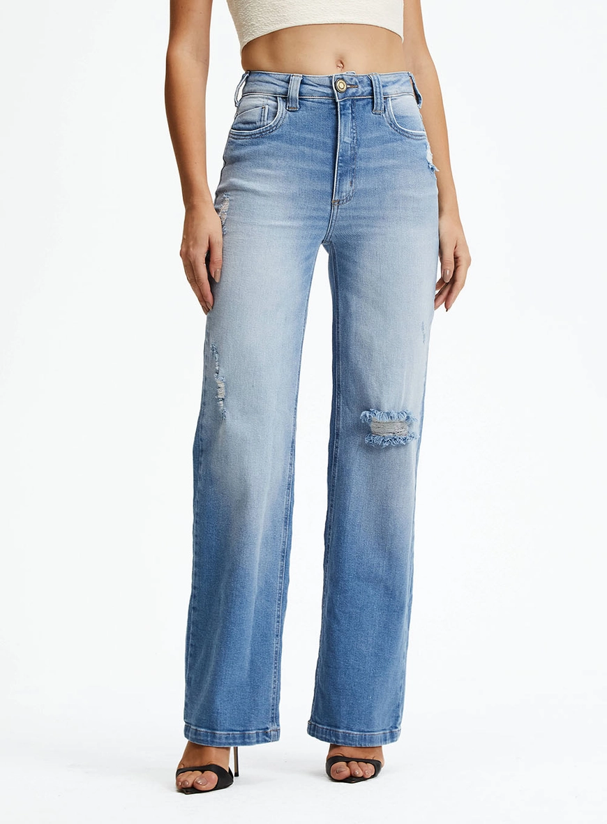 Calça Jeans Reta Slim Com Detalhes Destroyed Índigo 2