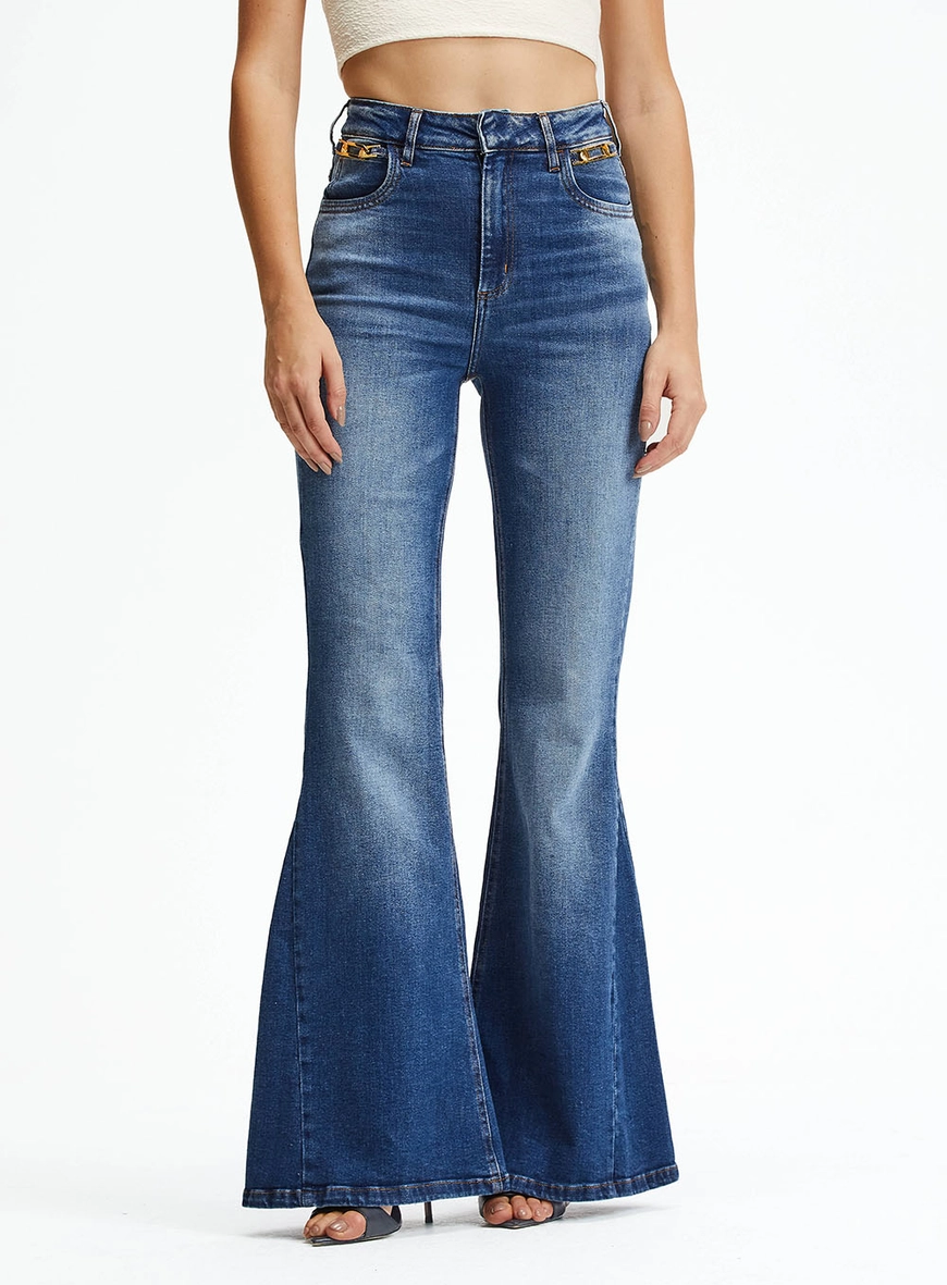 Calça Jeans Flare Lavagem Média Estonada Índigo 2