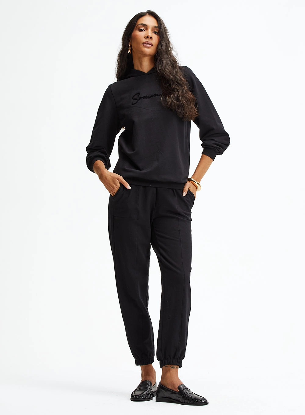 Calça Moletom Jogging Cós Com Elástico Preto 1