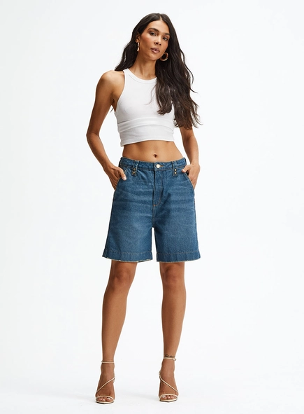 Bermuda Jeans Boyfriend Cintura Média