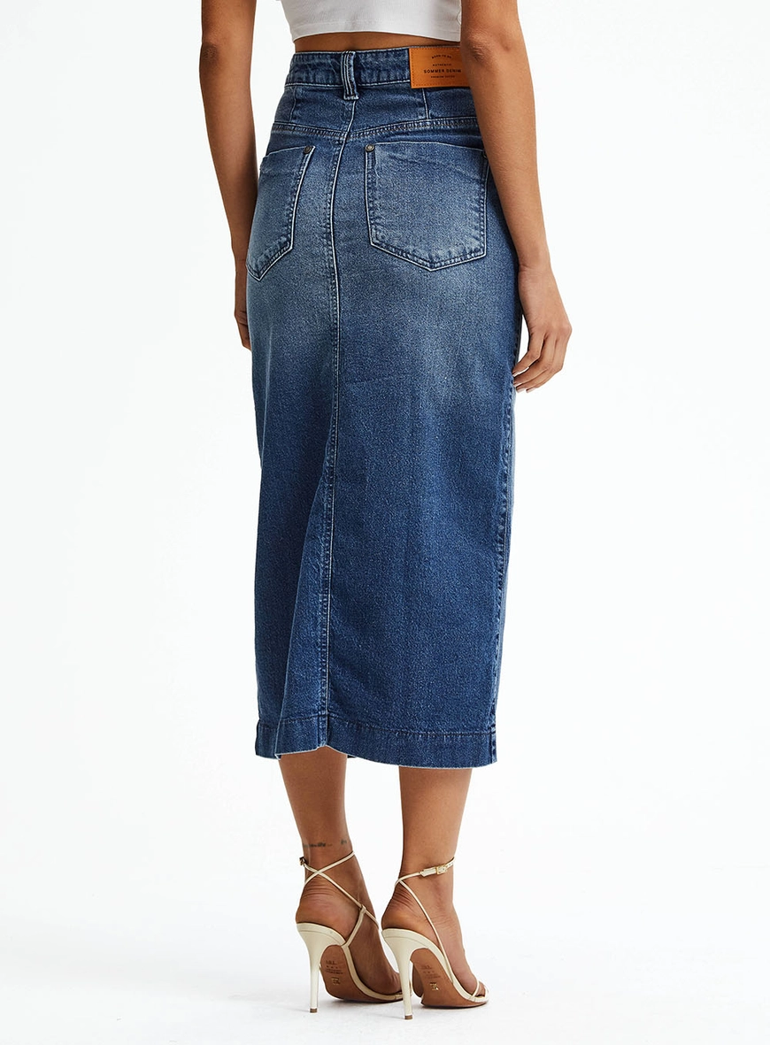 Saia Jeans Midi Fenda Frontal Índigo 4