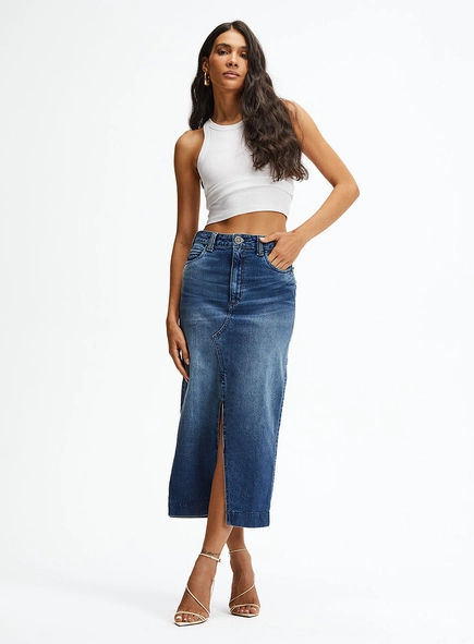Saia Jeans Midi Fenda Frontal