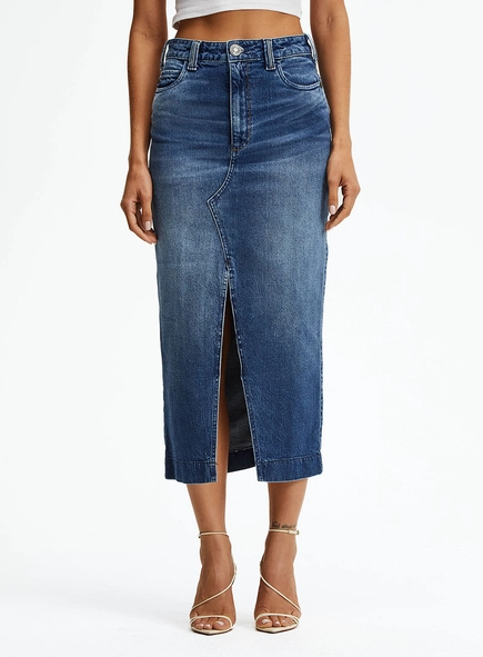 Saia Jeans Midi Fenda Frontal
