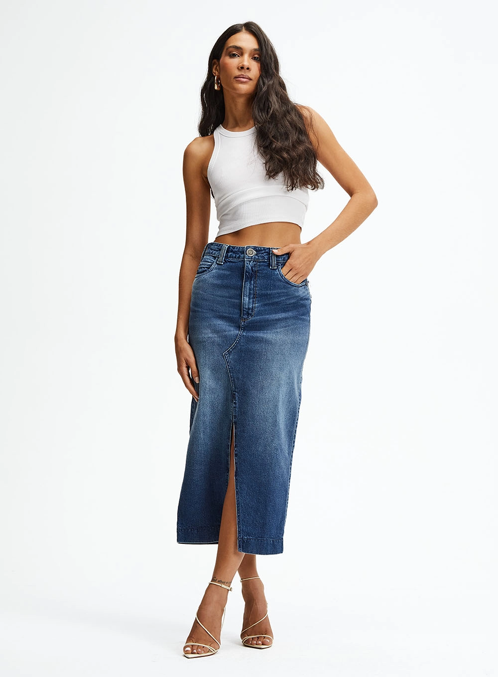Saia Jeans Midi Fenda Frontal Índigo 1