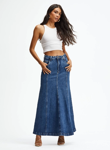 Saia Longa Jeans Cintura Alta