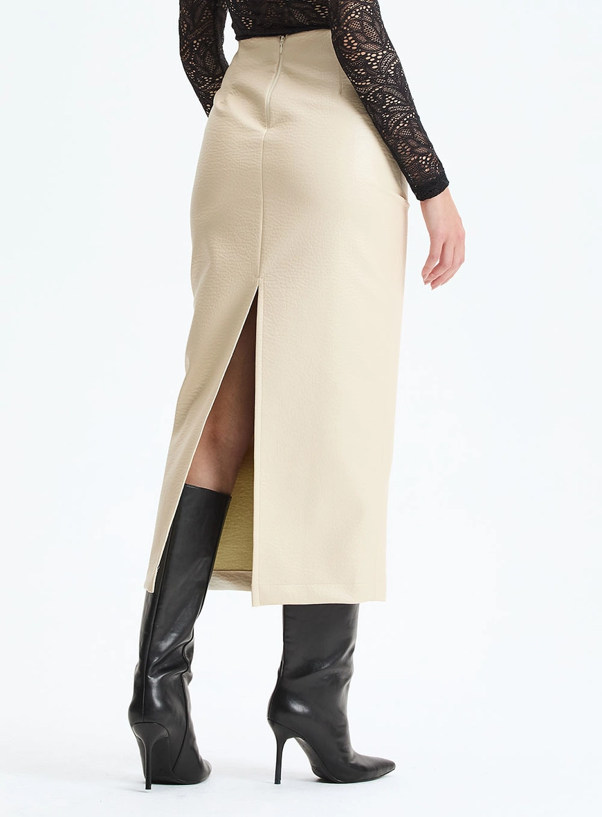 Saia Midi Slim Em Pu Bege 4