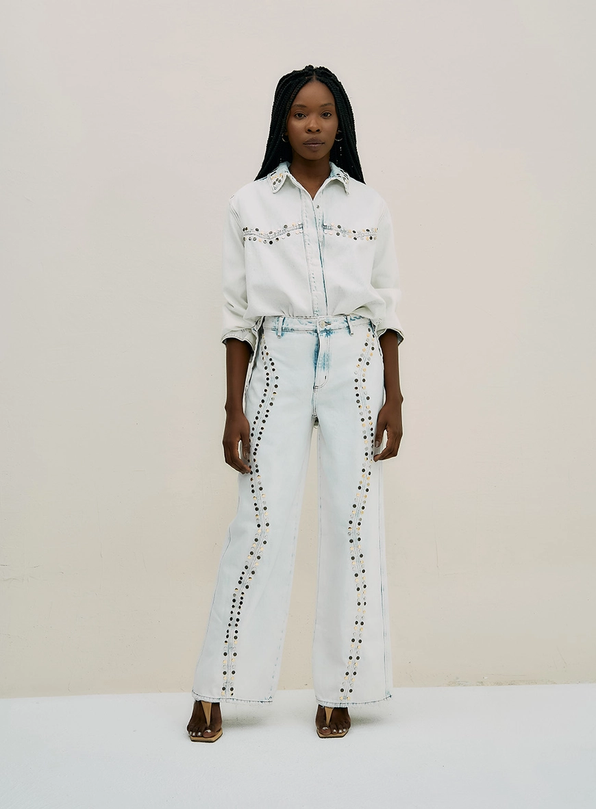 Calça Jeans Wide Leg Com Strass Índigo 1